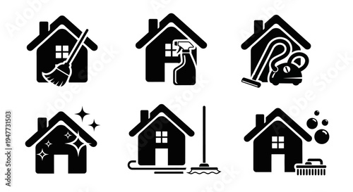 House Cleaning Icons Set: Broom, Sprayer, Vacuum, Sparkle, Mop, Brush & Bubbles