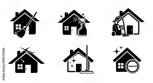 House Cleaning Icons Set: Broom, Spray Bottle, Vacuum, Mop, Sparkle - Vector Graphics