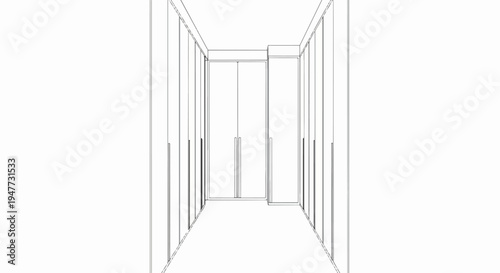 Perspective view of a hallway with two doors and recessed wall panels