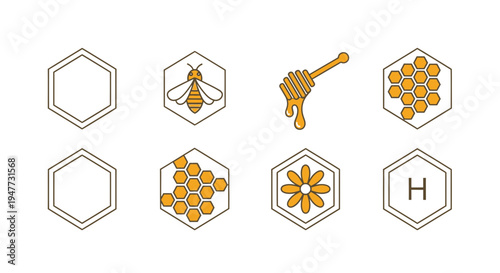Honeycomb and bee icons with honey.