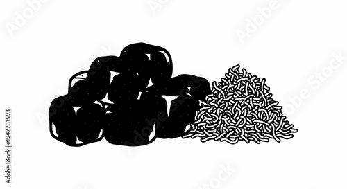 Pile of dark berries next to a heap of thin, tangled strands