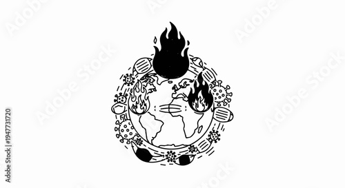 Planet Earth engulfed by flames, viruses, and masks in a circle