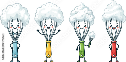 Four Whisk Characters With Whipped Cream Hair In Blue Yellow Green And Red Handles