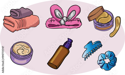 A collection of vector beauty and skincare illustrations featuring essential morning routine items. The set includes a stack of folded towels, a pink bow headband, a jar of eye patches with an applica
