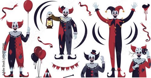 Scary Halloween Evil Clown Character Set with Creepy Circus Joker, Balloons, Lantern, Masks and Horror Carnival Elements Vector Illustration Collection