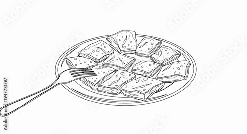 Plate of square layered pastries with a fork