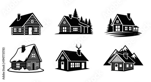 Log Cabin Icons Set: Rustic Mountain Homes, Winter and Forest Scenes