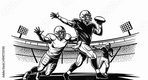 Players in action on the field during a football game with stadium lights