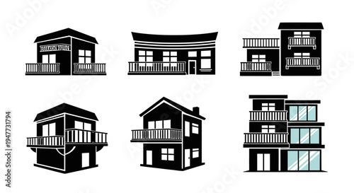 Modern & Traditional House Silhouettes: Balconies, Windows, and Architectural Styles