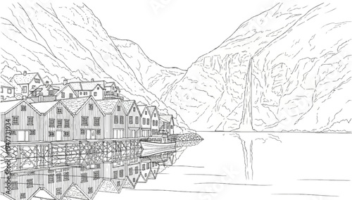 Quaint village nestled between mountains and water, with a boat