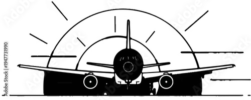 Rear view of an airplane with wings outstretched under a large arch