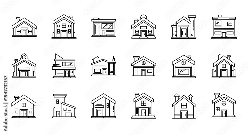 Fototapeta premium Modern House Icons Set: Diverse Architectural Styles and Building Designs