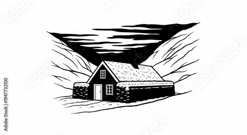 Rustic cabin nestled in a valley under a dramatic, cloudy sky