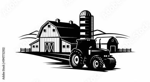Rustic farm scene with barn, silo, tractor, and rolling hills