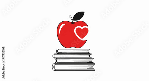 Red apple with heart cutout on stack of books