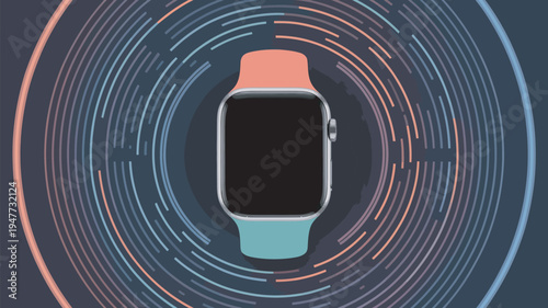 A sleek smartwatch with a colorful band displayed on a modern abstract background with circular lines