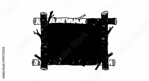 Rustic frame crafted from rough tree logs and branches, black and white