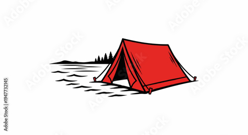 Red camping tent pitched in a minimalist landscape of water and trees