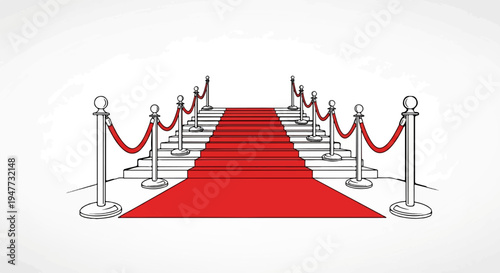 Red carpet leads up a staircase with stanchions and velvet ropes