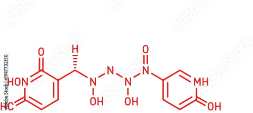 Red chemical structure with organic rings, nitrogen, and hydroxyl groups