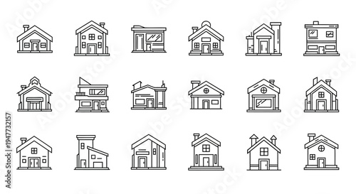 Modern House Icons Set: Diverse Architectural Styles and Building Designs