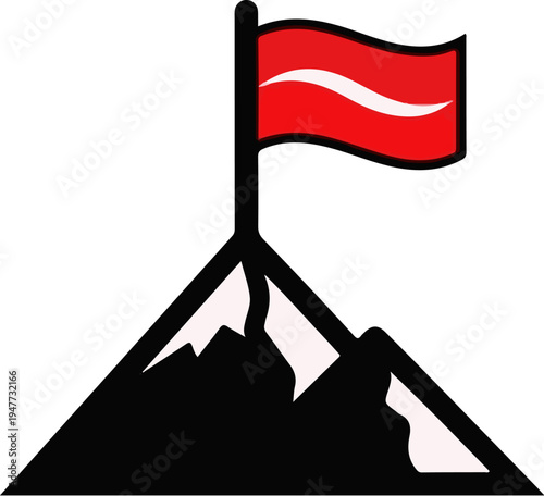 Red flag on a mountain peak, symbolizing achievement and success