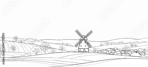 Rustic landscape with a traditional windmill, rolling hills, village, and bare trees