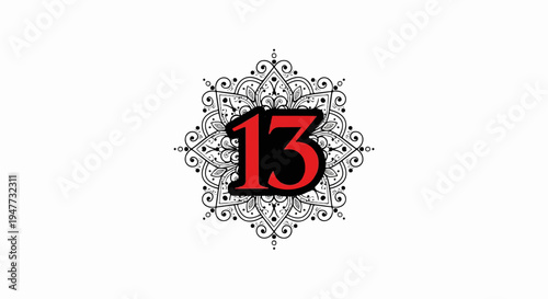 Red number thirteen overlay on a detailed black circular symmetrical design