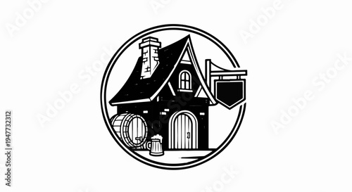 Rustic tavern with barrel and beer mug inside a circle emblem
