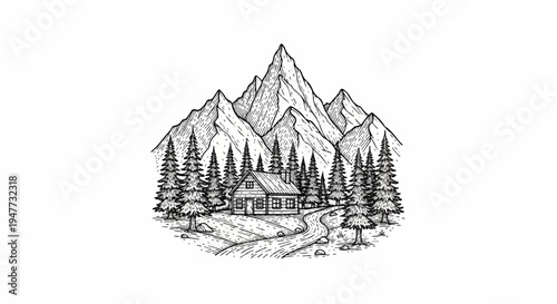 Rustic mountain cabin nestled amongst evergreen trees and jagged peaks