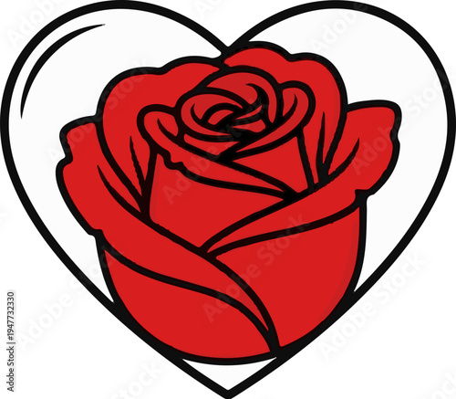 Red rose inside a heart shape, stylized and outlined in black