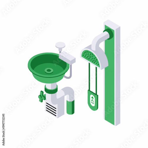 Isometric illustration of bathroom sink and shower.