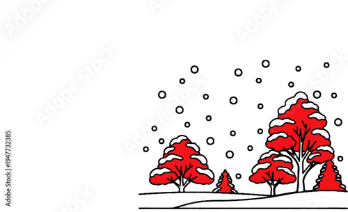 Red trees covered in snow with falling snowflakes