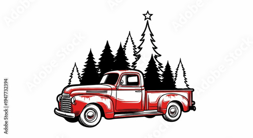 Red vintage truck carries pine trees with star-topped fir