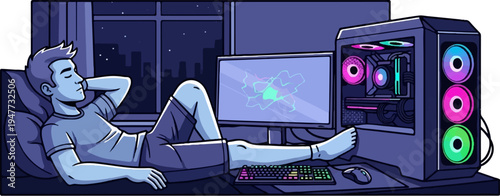 Relaxed person sleeping by a gaming computer at night with city lights