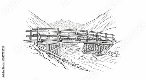 Rustic wooden bridge spans a shallow river amidst rocky terrain and distant mountains
