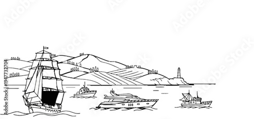 Sailboat, yachts, and fishing boat at sea with lighthouse on shore