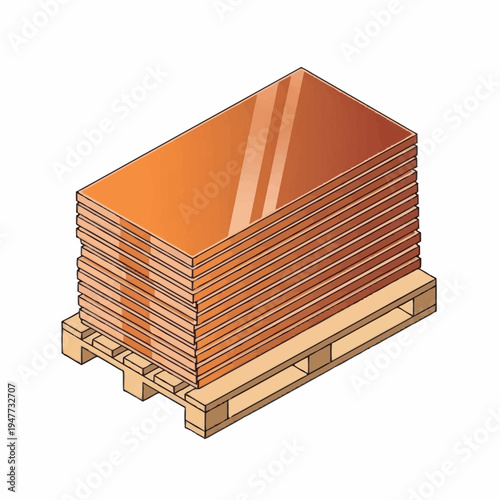 Copper sheets stacked on wooden pallet.