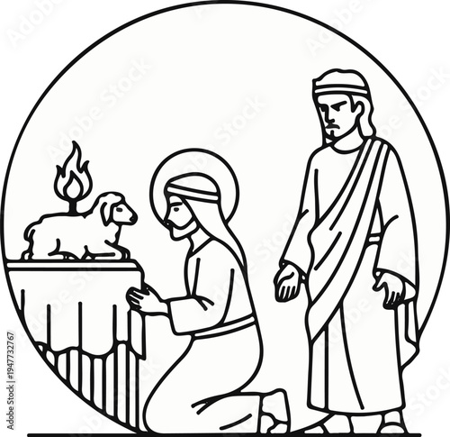 Religious scene with kneeling figure, standing figure, and sacrificial lamb