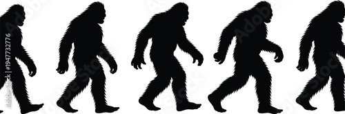 Silhouette of five Bigfoot figures walking, mythical Sasquatch creature poses, folklore cryptid vector illustration for design, fantasy, and storytelling projects