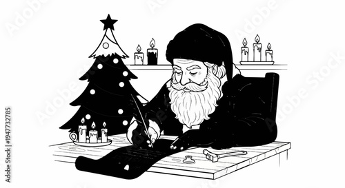 Santa Claus is writing on a wish list next to a Christmas tree and candles