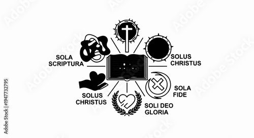 Religious symbols arranged around an open book with inscriptions