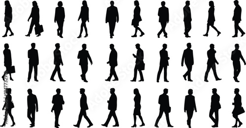 Collection of twenty‑four walking people silhouettes, business attire, urban crowd motion, vector illustration set for design, simulation, and analysis