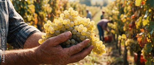 Farmer holding a fresh bunch of white grapes in both hands in vineyard