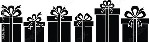 Black and white illustration of seven elegantly wrapped gifts