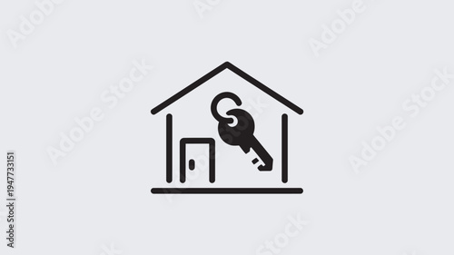 A simple black icon of a house with a key in front of it, symbolizing home ownership and real estate.
