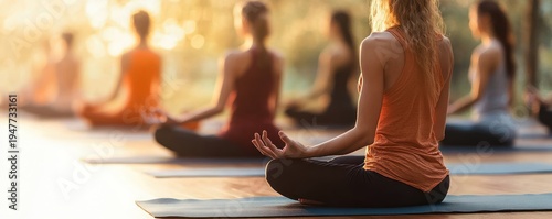 Group seated cross-legged on yoga mats outdoors at golden sunrise, practicing calm meditative breathing and mindful relaxation in warm soft light