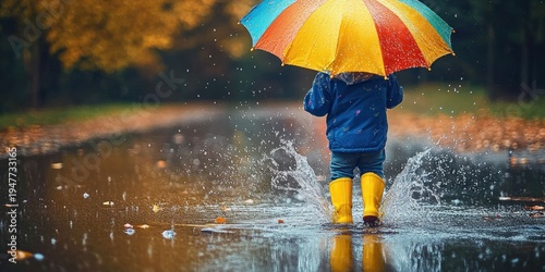child in blue raincoat and yellow boots splashing joyfully in a puddle under a colorful umbrella on an autumn rainy path