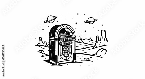 Retro jukebox in a surreal alien landscape with planets and stars