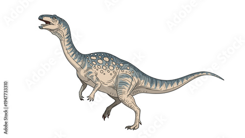 Realistic illustration of dinosaur walking in profile against white background representing prehistoric wildlife and science.